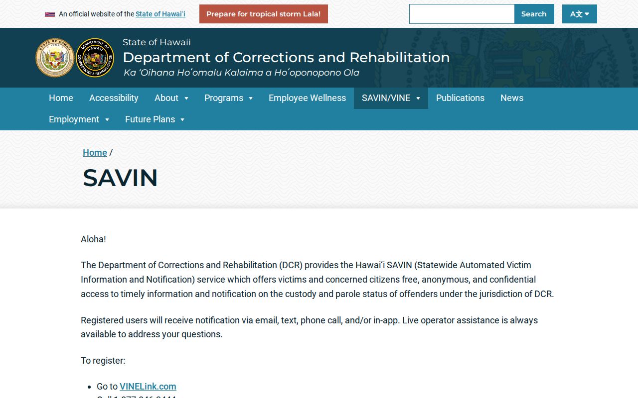 Hawaii SAVIN state custody status and notification search for Honolulu County questions