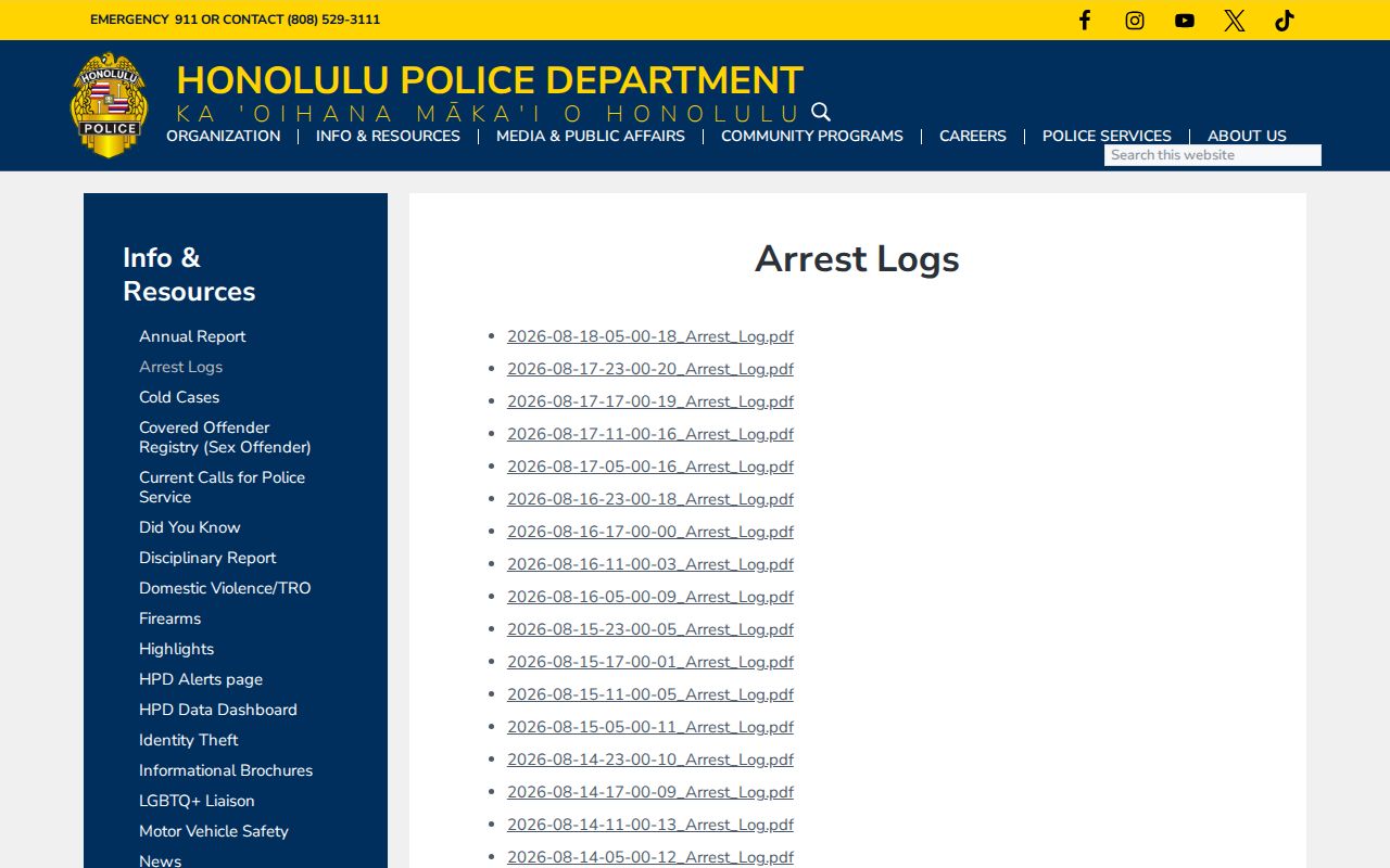 Honolulu County HPD adult arrest-log index and booking-record search path