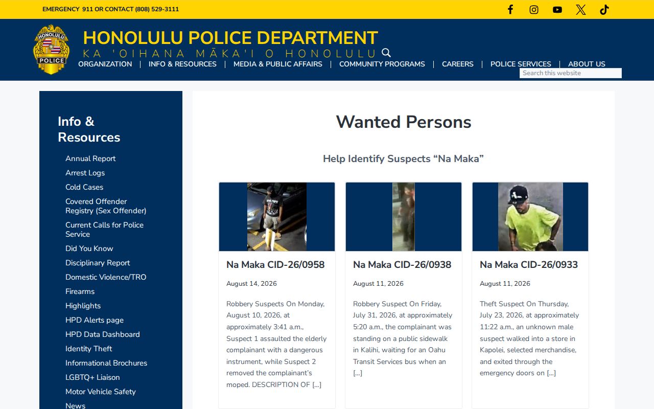 Honolulu County HPD Wanted Persons suspect-identification resource