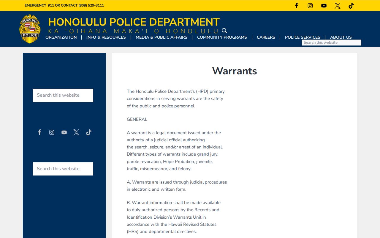 Honolulu County HPD warrant policy and Records and Identification verification path